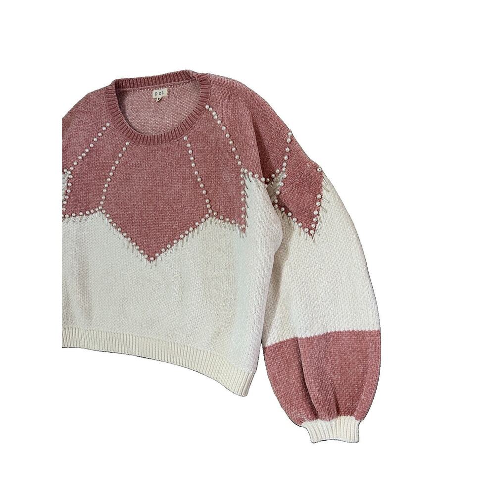 POL Pink White Knit Women’s Sweater Beaded Pearl Details Size M - Picture 3 of 8